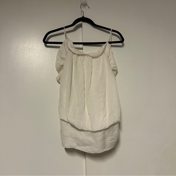 BCBGMaxAzria Tops - BCBGMAXAZRIA Silky Blouse Open Back Tie Back Ruffle Ivory Size Small